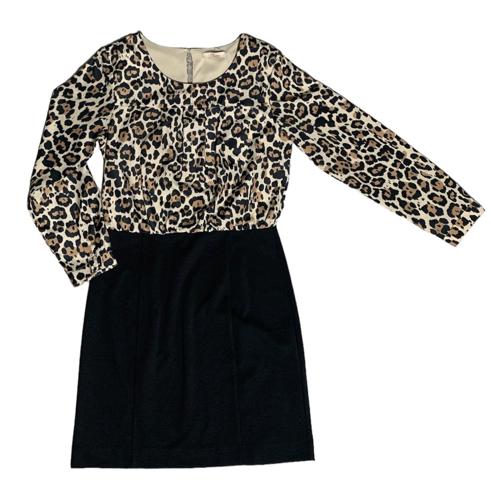 Banana Republic Leopard Print Two Tone Cocktail Dress Petite 10P Long Sleeve